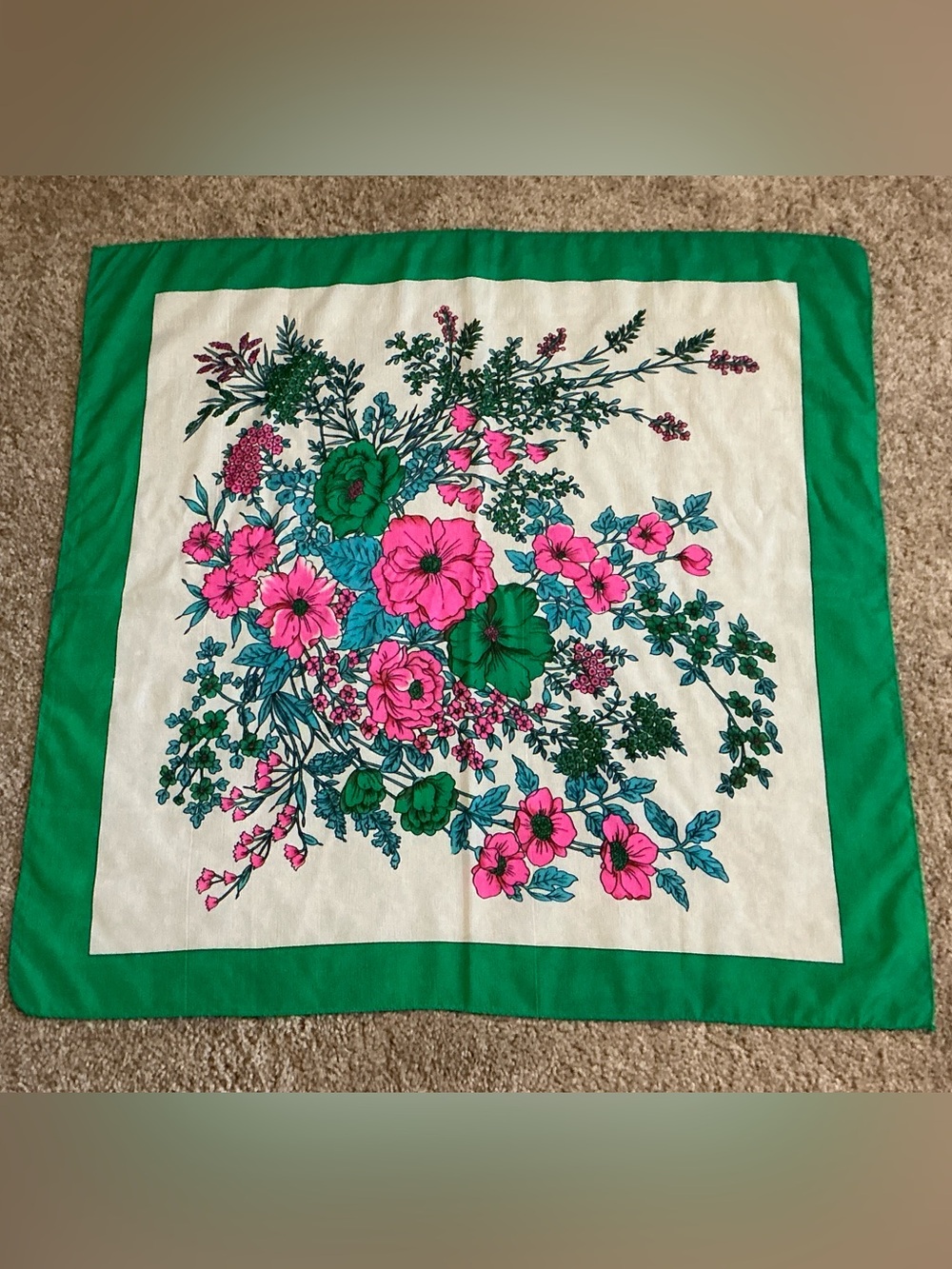 True Vintage 60’s/70’s era Large Green &Pink Floral Scarf, Boho